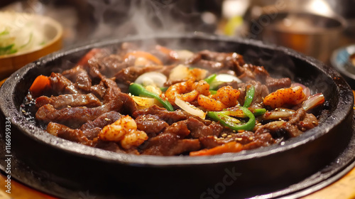 Korean cuisine food, traditional asian restaurant menu dishes. Vector pork ribs in soy sauce and korean bibimpab pot, BBQ beef bulgogi, fried shrimp with spinach, seaweed salad and desserts photo