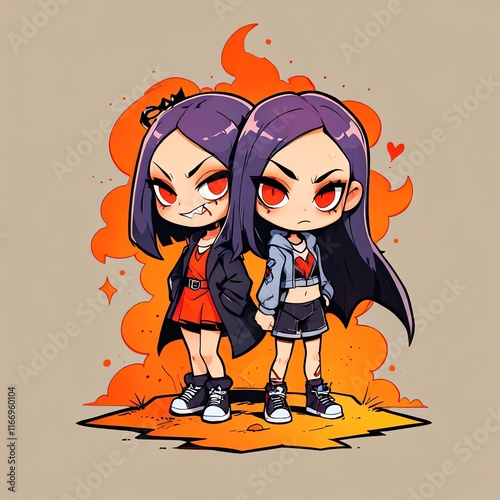 Crimson Sisters: A fiery illustration of two gothic chibi girls with intense expressions and dark clothing, set against a dramatic orange backdrop. photo