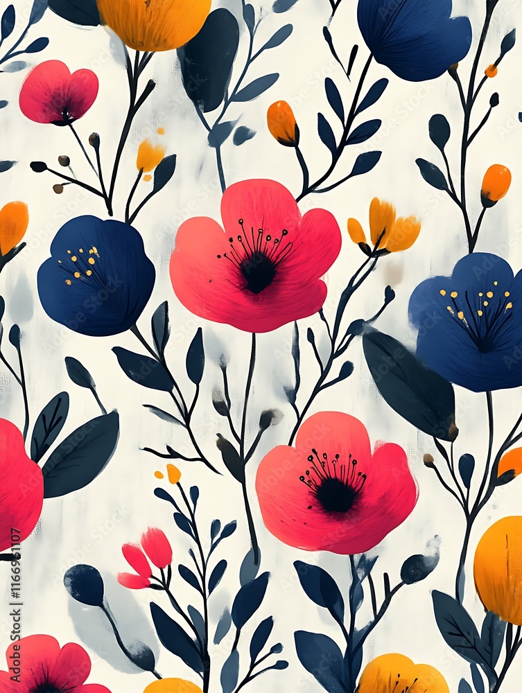 Abstract Floral Painting Featuring Bold Colors and Shapes