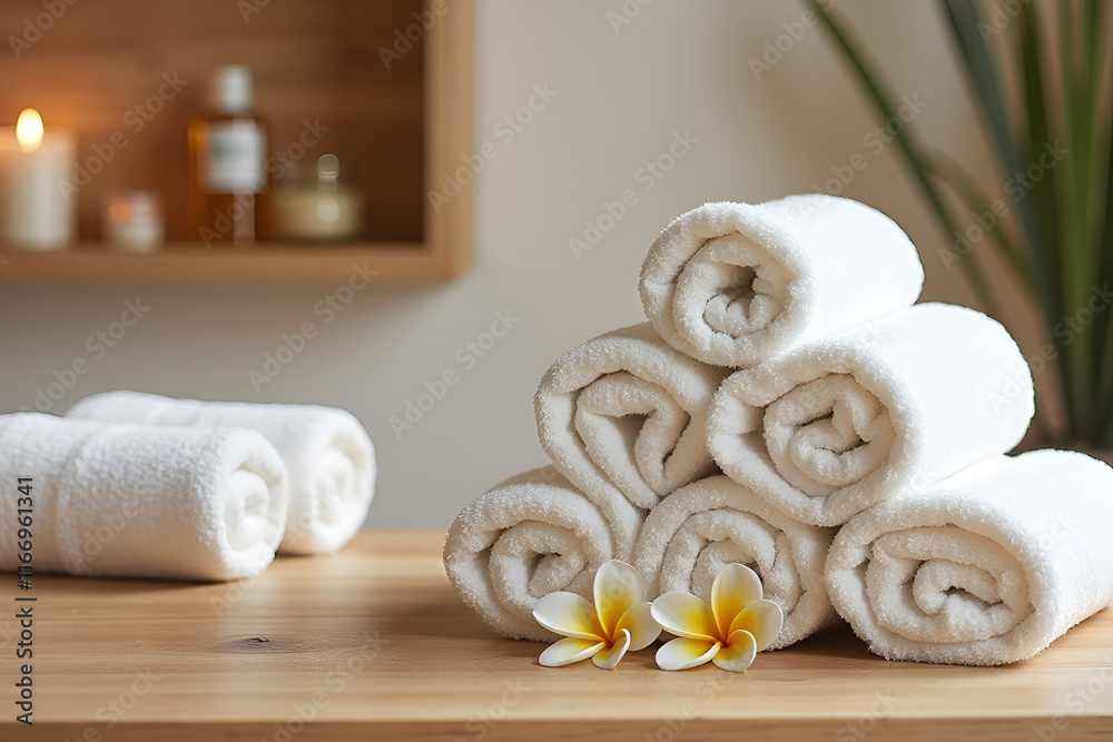Spa still life with white towels and flowers on wooden table. Rolled towels in luxury resort room. Beauty wellness center with massage, skincare and bodycare treatments. Concept of mental health Spa still life with white towels and flowers on wooden table. Rolled towels in luxury resort room. Beauty wellness center with massage, skincare and bodycare treatments. Concept of mental health