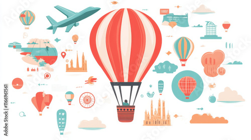 Travel infographics with a hot air balloon with the envelope decorated with integrated travel icons which also surround the balloon