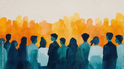 Gamification Silhouettes of people against a colorful city skyline at sunset.