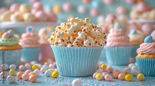 A childrena??s Easter snack corner with colorful popcorn, candy baskets, and mini cupcakes. photo