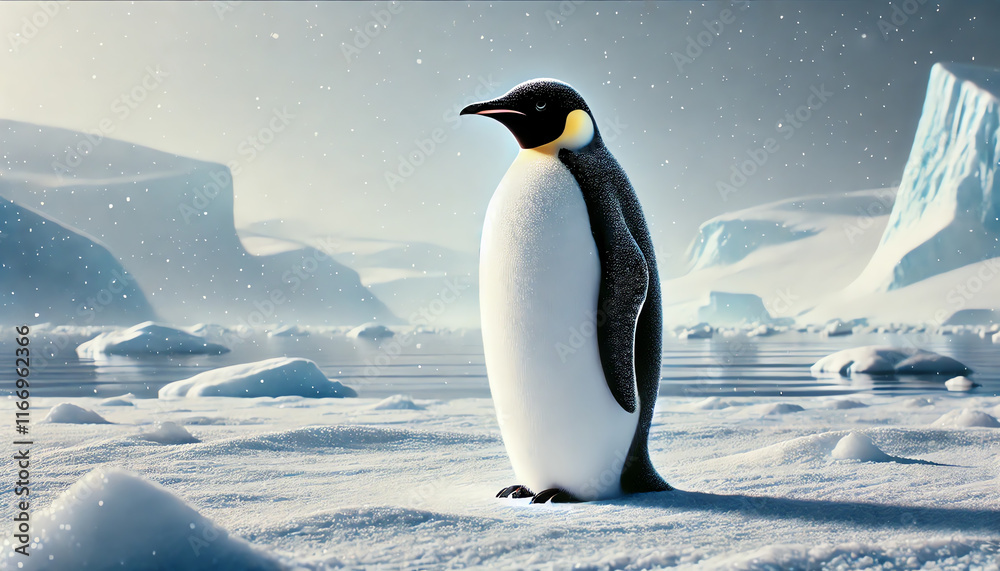 Obraz premium An emperor penguin standing on snow in a serene arctic landscape