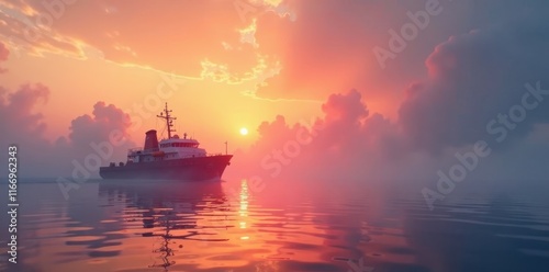 Gentle morning glow reveals distant ship amidst swirling foggy veil , sunrise, waves photo