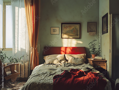 A sunlit bedroom features a bed with rumpled linens, and orange curtains at the window photo