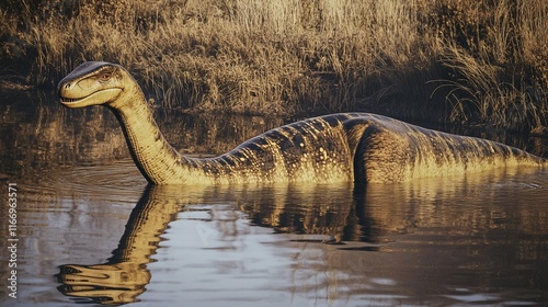 A long-necked dinosaur-like creature swimming in a serene body of water. photo