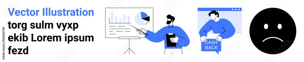 Businessman presenting a chart, individual holding a cashback sign, sad face icon. Ideal for marketing, business strategy, customer retention, promotions, emotional feedback, financial services, web Businessman presenting a chart, individual holding a cashback sign, sad face icon. Ideal for marketing, business strategy, customer retention, promotions, emotional feedback, financial services, web