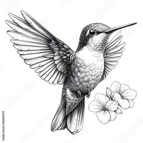 Detailed black and white illustration of a hummingbird in flight.