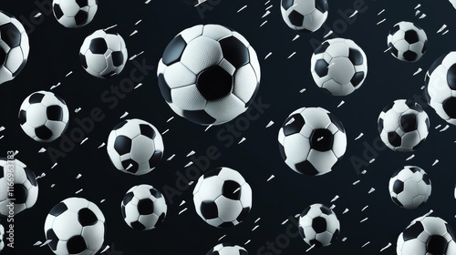Seamless pattern with flying soccer balls and swirling motion trails. For sport background design