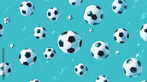 Seamless pattern with flying soccer balls and swirling motion trails. For sport background design