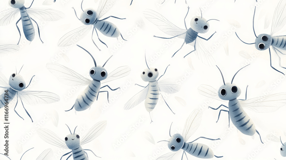Seamless pattern with funny little gray mosquito cartoon characters on white background for childish wallpaper or decor design Seamless pattern with funny little gray mosquito cartoon characters on white background for childish wallpaper or decor design