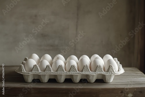 eggs with white shell on the table. The focus is set at an angle and captures both side edges of each egg in detail photo