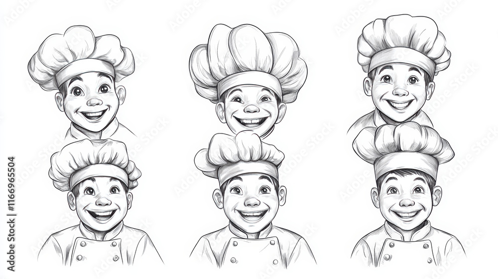 Set of six different black and white doodle sketch chef or cooks heads with smiling faces wearing the traditional white toque or hat Set of six different black and white doodle sketch chef or cooks heads with smiling faces wearing the traditional white toque or hat