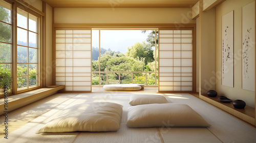 A spacious serene room with light wood frames and rice paper shoji screens