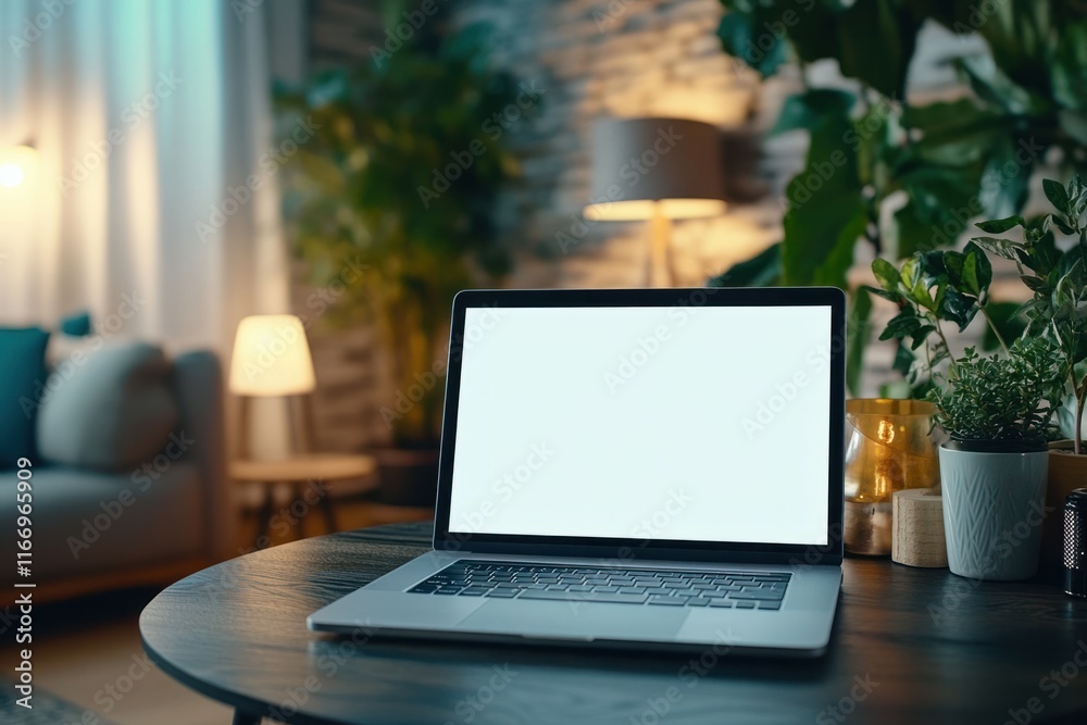 Fototapeta premium Cozy workspace with laptop and greenery creates a productive atmosphere in evening light