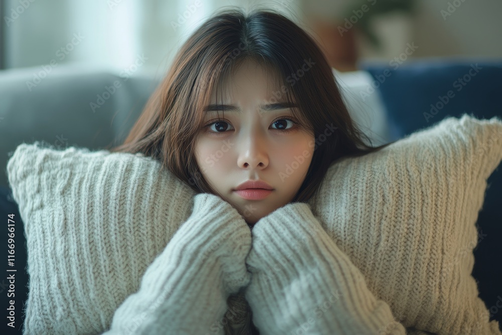Unhappy anxiety young Asian woman covering her face with pillow on the cough in the living room at home, Generative AI Unhappy anxiety young Asian woman covering her face with pillow on the cough in the living room at home, Generative AI