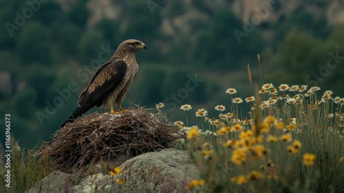 A Black Kite resting near its nest in Monfrage, surrounded by wildflowers and the rugged beauty of the park. photo