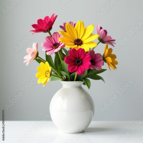 Wallpaper Mural Vibrant flowers placed in a simple white ceramic vase on a clean white surface, spring flowers arrangement, white background Torontodigital.ca