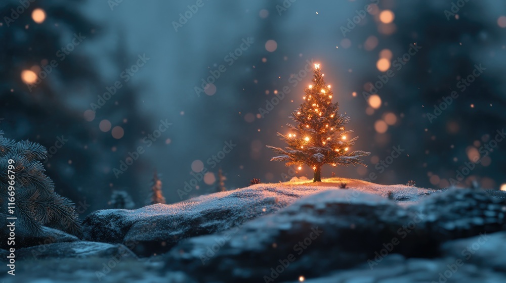 A charming Christmas scene with a small, lit tree surrounded by snow and a serene winter background, capturing the cozy warmth of the season.