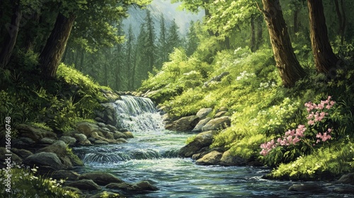 A cascading mountain stream in the Smoky Mountains, with clear water flowing through a lush green springtime forest.
