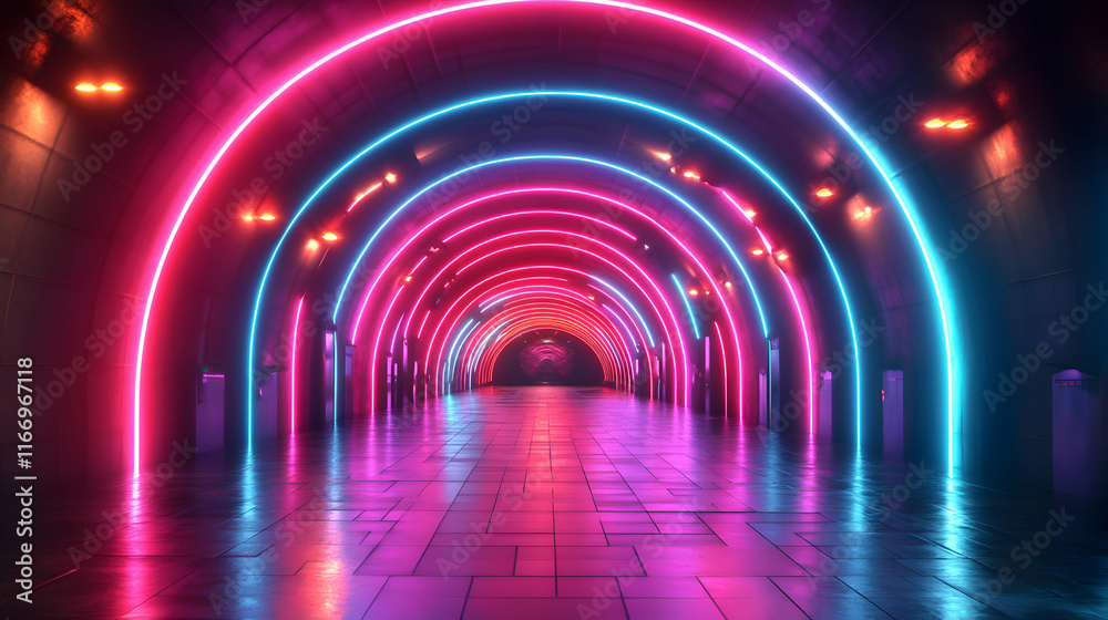 Vibrant Neon Tunnel 3D Render: Pink and Blue Glowing Arcs in a Reflective Corridor Vibrant Neon Tunnel 3D Render: Pink and Blue Glowing Arcs in a Reflective Corridor