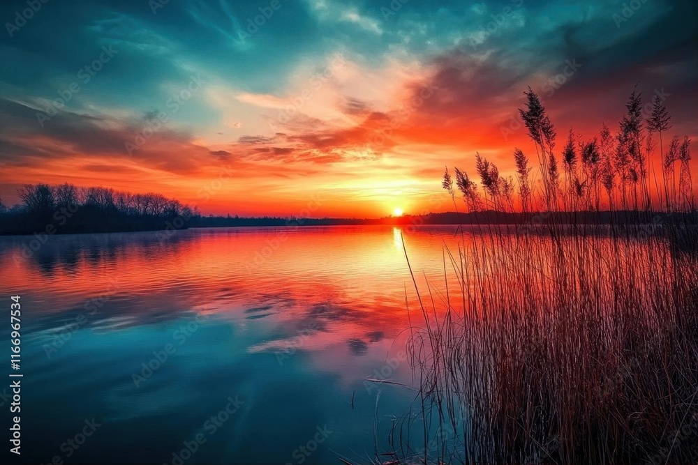 Obraz premium A vibrant sunset over a tranquil lake with silhouetted reeds.