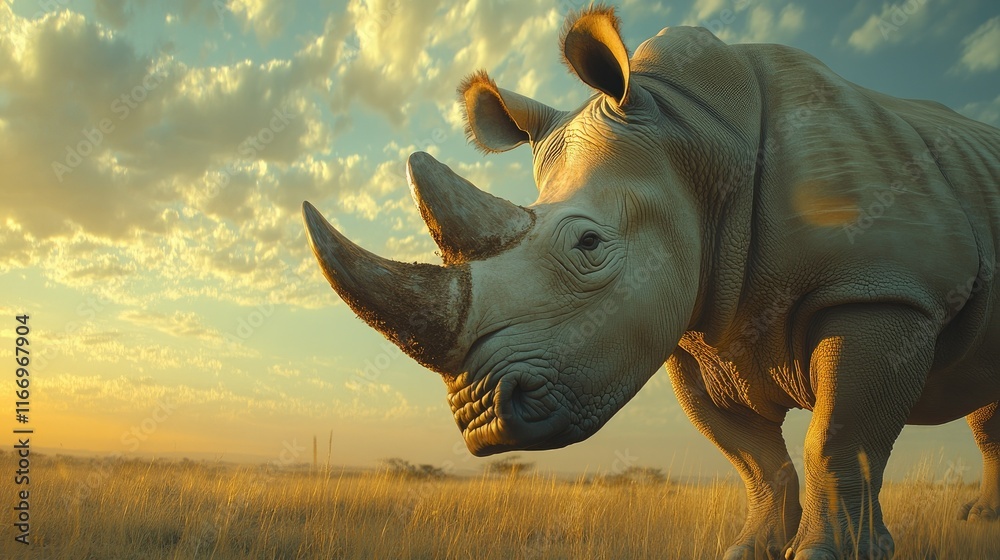 Fototapeta premium A close-up of a majestic and rare white rhino standing tall in the African savannah, its formidable presence and unique features showcased against a wide open sky.