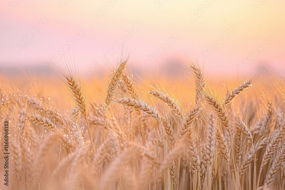 A serene wheat field at sunrise, showcasing golden grains and dew.