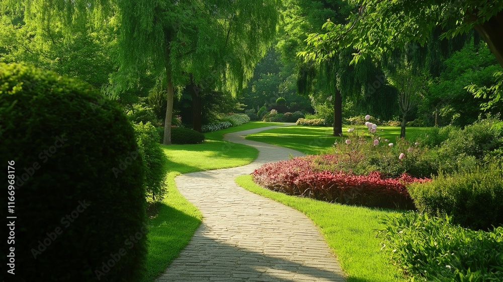 Fototapeta premium A path in a park with a brick walkway and a row of bushes