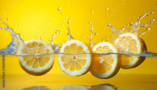 Fresh lemon slices create splashes in clear water showcasing vibrant colors and refreshing vibe photo