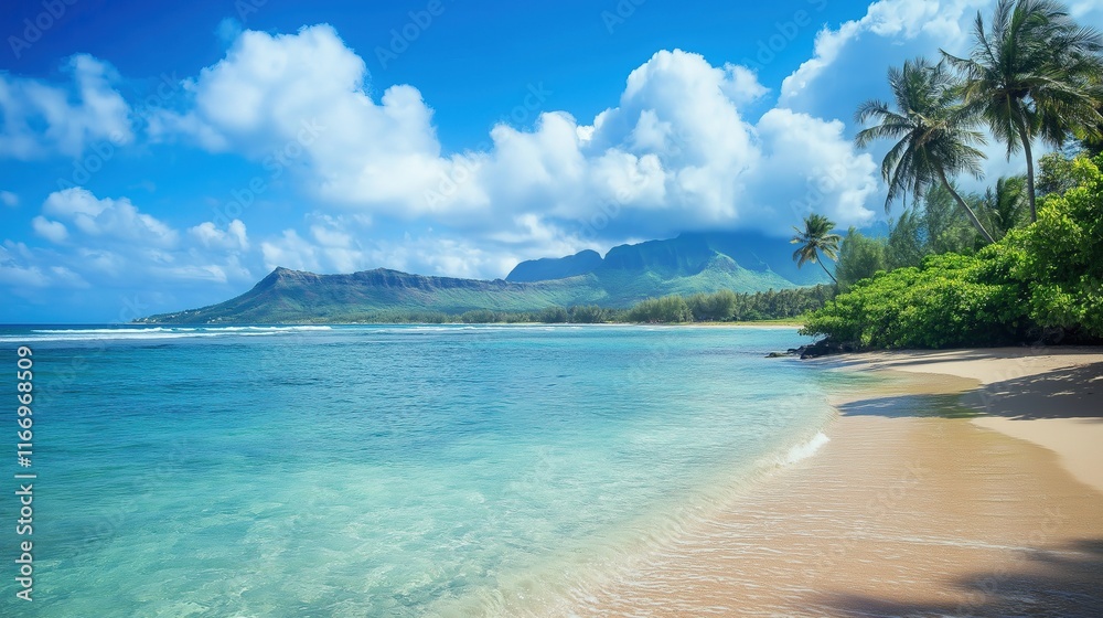 Fototapeta premium A beach with a clear blue ocean and a palm trees in the background