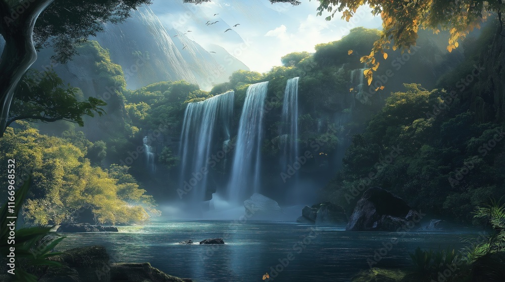A waterfall is flowing into a river in a lush green forest A waterfall is flowing into a river in a lush green forest