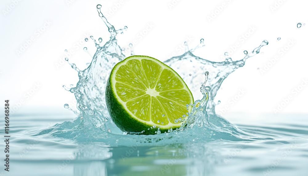 Fresh lime slice splashing into clear water creates vibrant droplets and refreshing scene Fresh lime slice splashing into clear water creates vibrant droplets and refreshing scene