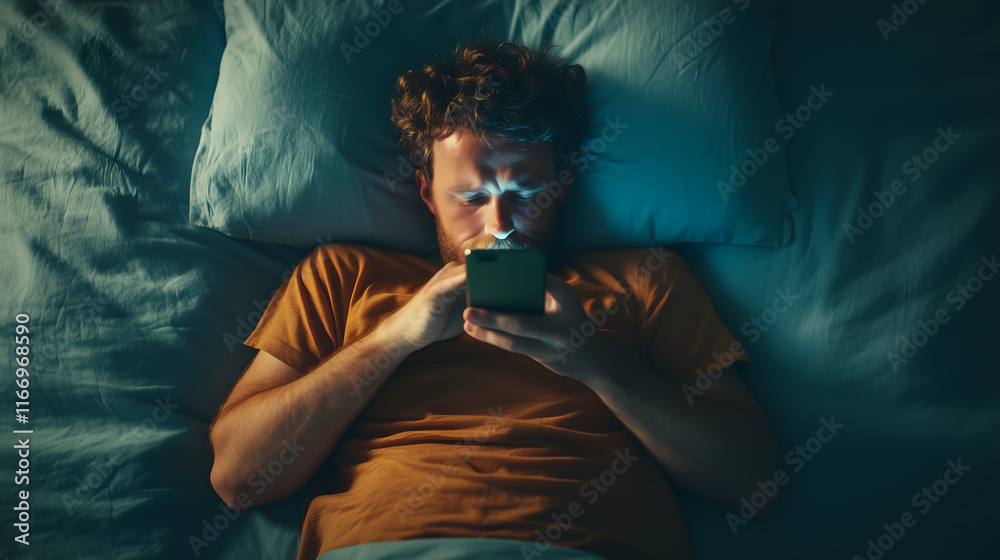 Man Scrolling Smartphone in Bed at Night Man Scrolling Smartphone in Bed at Night