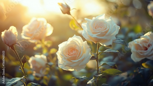 A bunch of white roses are in a field with the sun shining on them