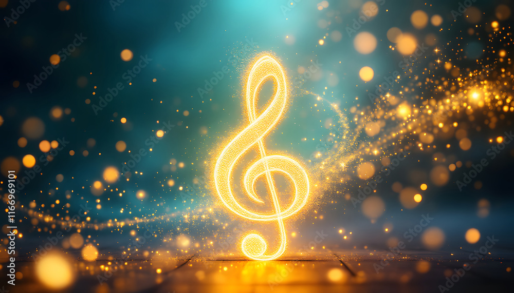 Obraz premium Glowing Treble Clef with Lights, Musical Note Abstract Background, Golden Treble Clef on Dark Background
