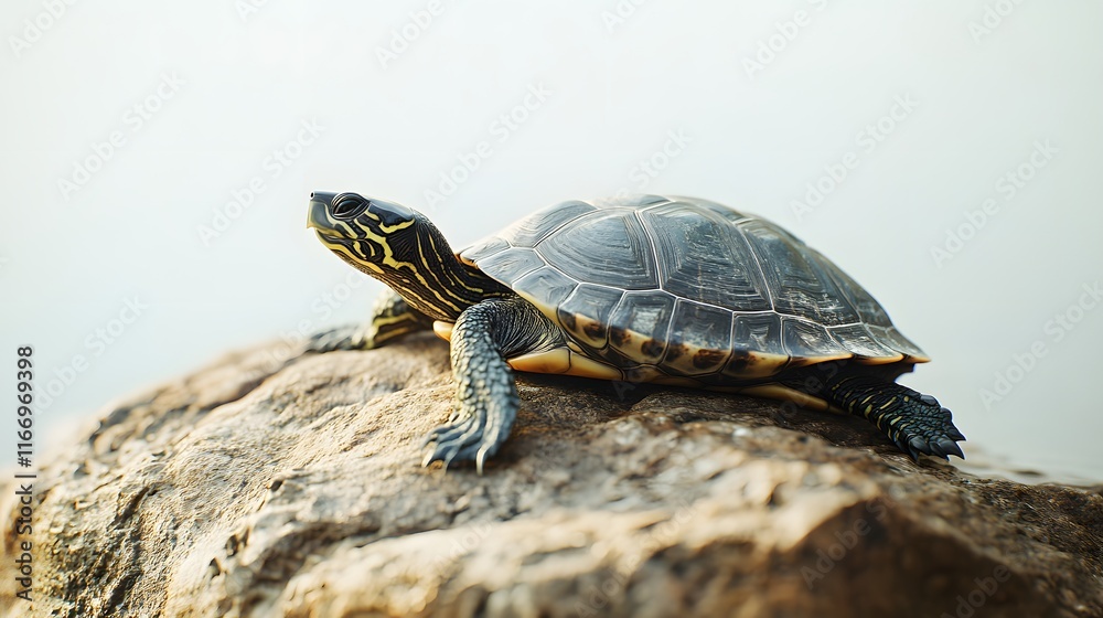 A turtle basks on a sunlit rock near water A turtle basks on a sunlit rock near water