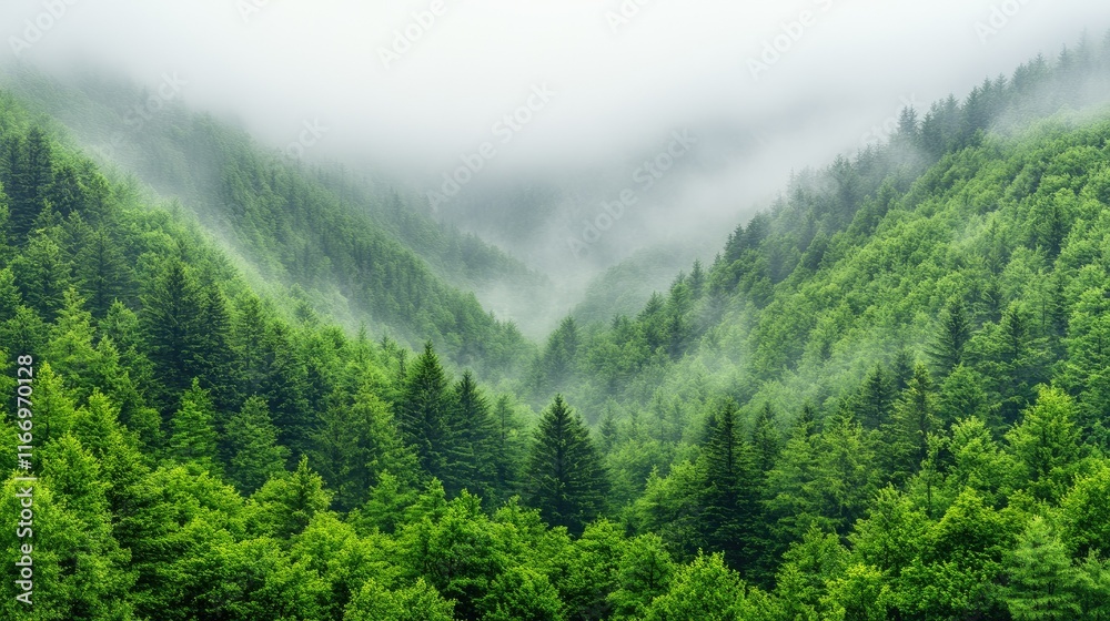 Fototapeta premium Foggy green forest in valley.