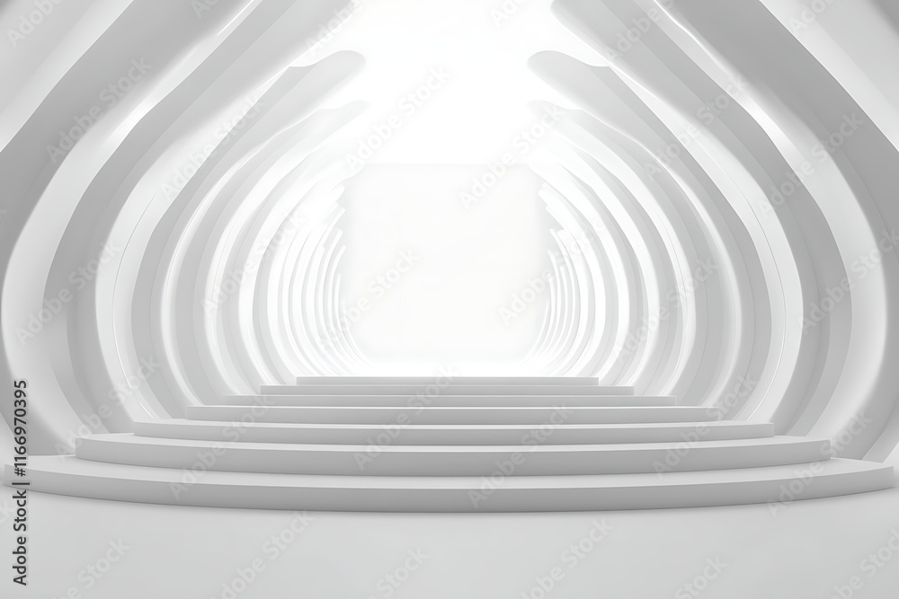 Fototapeta premium A futuristic, minimalistic corridor leading to a bright, undefined space.