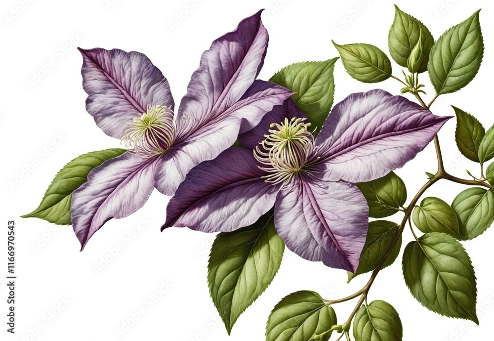 branch with purple clematis flower isolated on white background branch with purple clematis flower isolated on white background