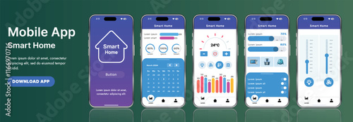 A sleek smart home application interface template featuring modern icons and a gradient design. Includes navigation menus for managing devices, monitoring security, controlling temperature