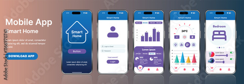A sleek smart home application interface template featuring modern icons and a gradient design. Includes navigation menus for managing devices, monitoring security, controlling temperature