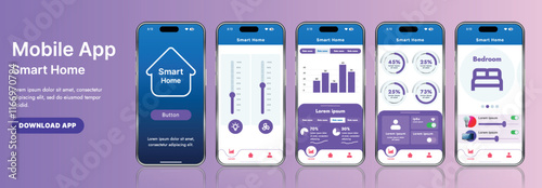 A sleek smart home application interface template featuring modern icons and a gradient design. Includes navigation menus for managing devices, monitoring security, controlling temperature