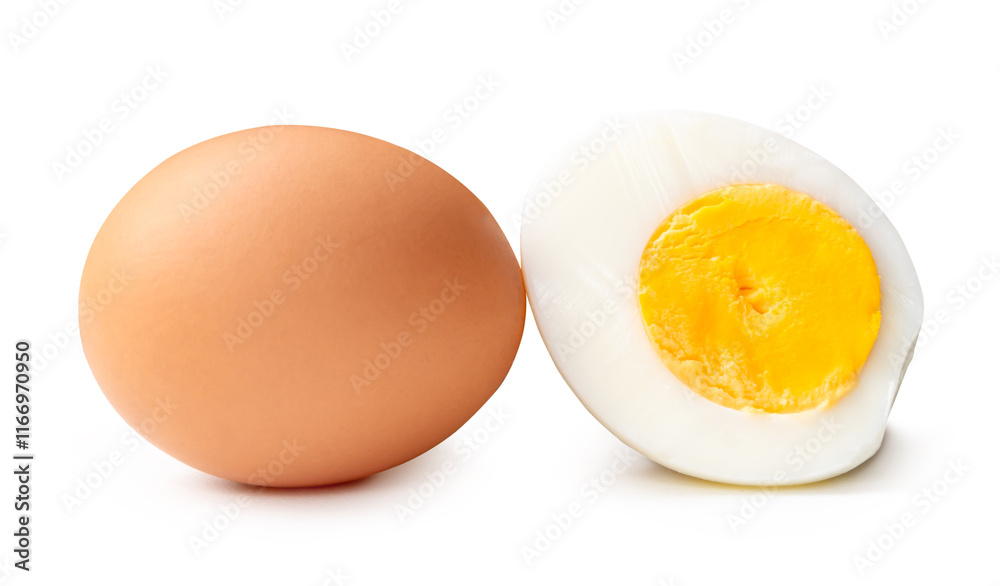 Side view of raw chicken egg and peeled cooked or boiled egg with egg yolk in half isolated on white background with clipping path Side view of raw chicken egg and peeled cooked or boiled egg with egg yolk in half isolated on white background with clipping path