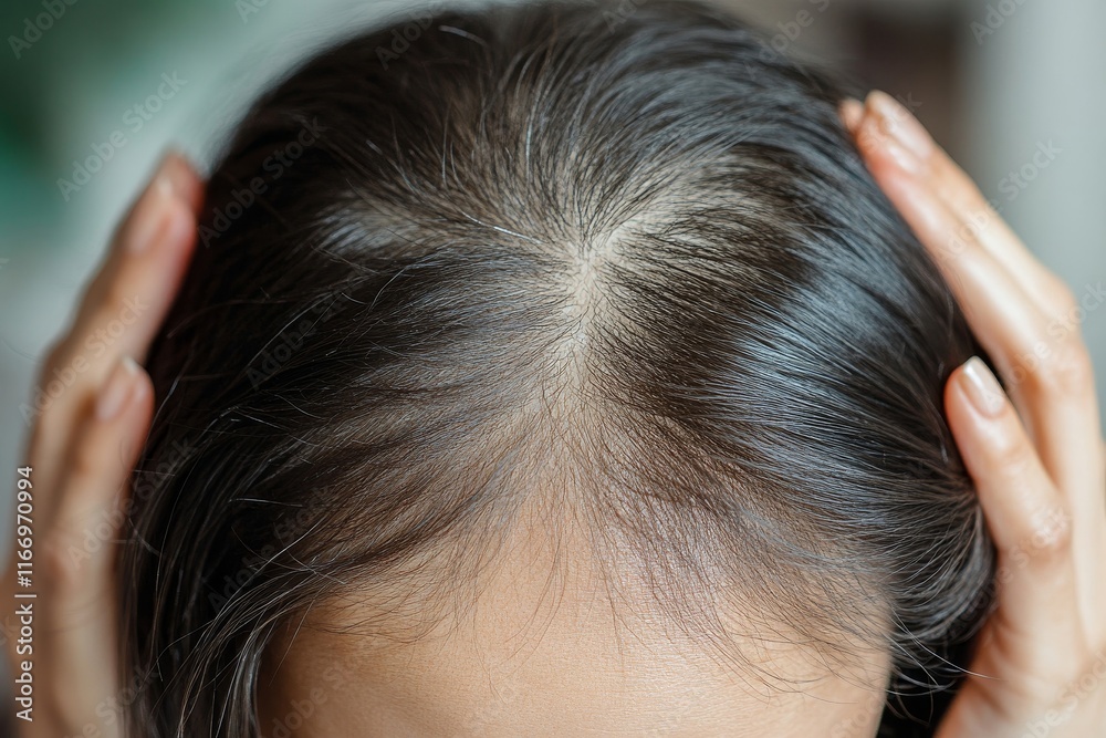 Naklejka premium Hair loss problem, Asian woman look at scalp worry about balding, Generative AI