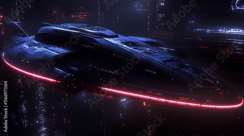 Fototapeta Naklejka Na Ścianę i Meble -  Futuristic spaceship hovering over a cyberpunk city at night, illuminated with neon lights.