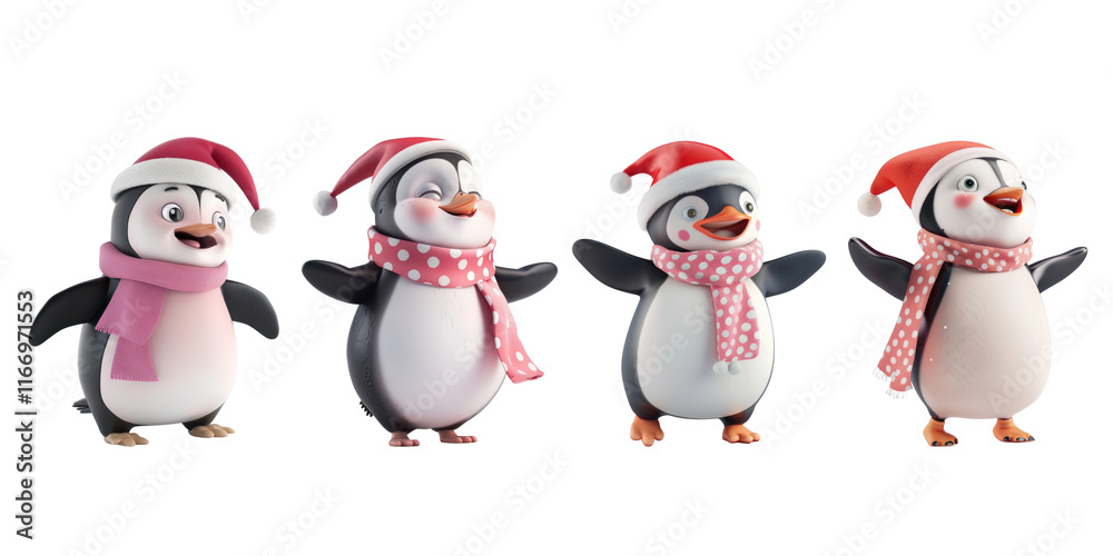 Fototapeta premium 3D winter penguin character png cut out element set, transparent background