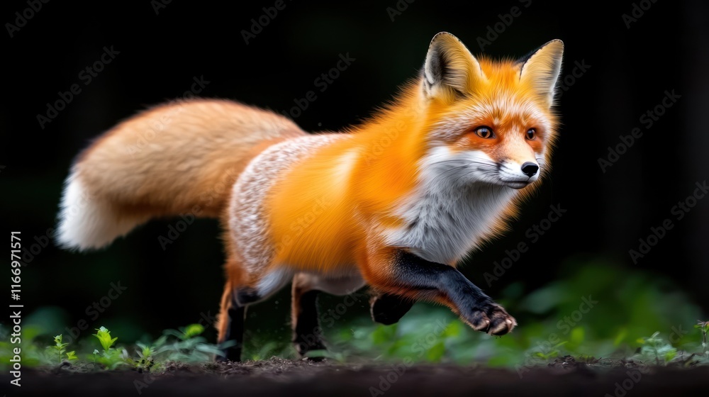 Naklejka premium A vibrant fox running through a lush forest environment.