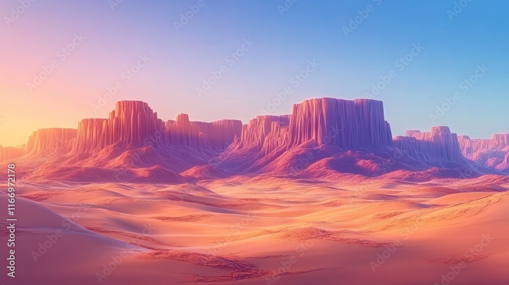 Naklejka premium Stunning and dramatic desert landscape at sunset with towering sandstone rock formations in vibrant orange pink and purple hues against a serene blue sky